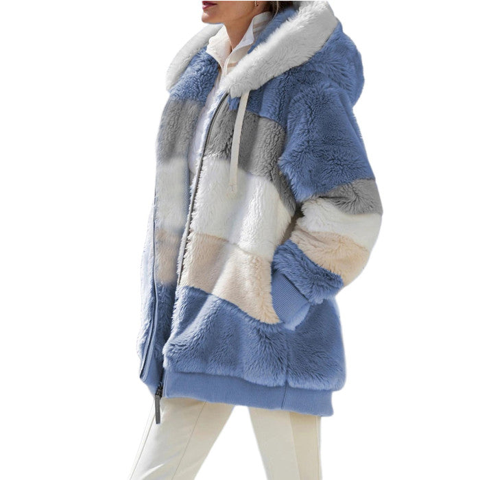 Women Winter Plush Hooded Coat Long Sleeve Zip Up Thick Cardigan Warm Loose Jacket Image 6