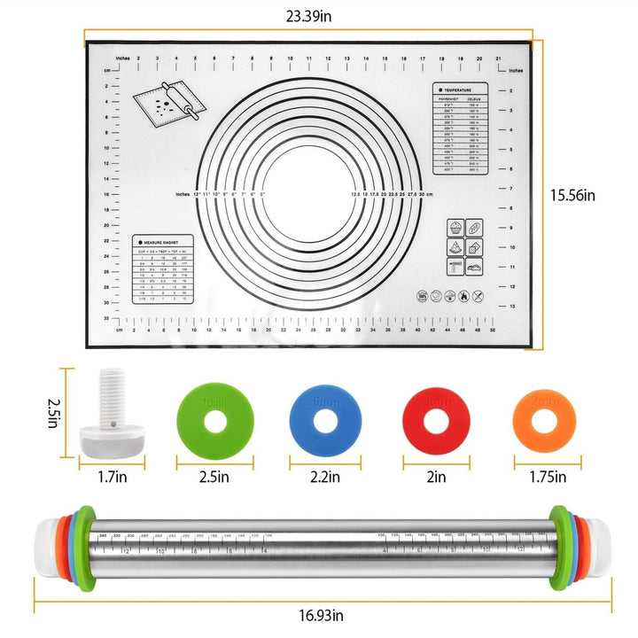 Stainless Steel Rolling Pin with Adjustable Rings and Silicone Rolling Mat Image 6