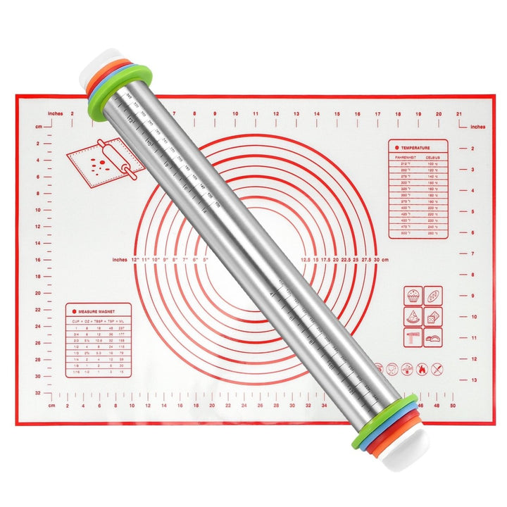Stainless Steel Rolling Pin with Adjustable Rings and Silicone Rolling Mat Image 1