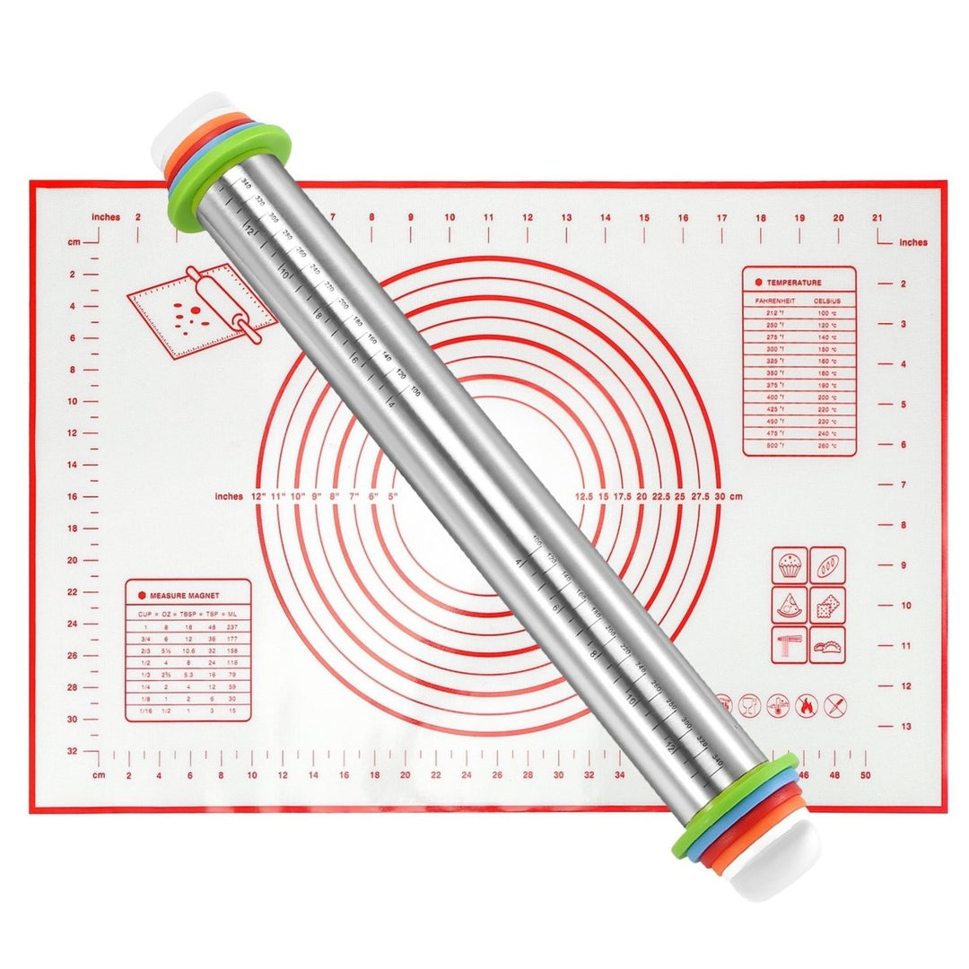 Stainless Steel Rolling Pin with Adjustable Rings and Silicone Rolling Mat Image 1