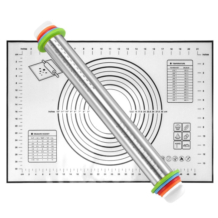 Stainless Steel Rolling Pin with Adjustable Rings and Silicone Rolling Mat Image 8
