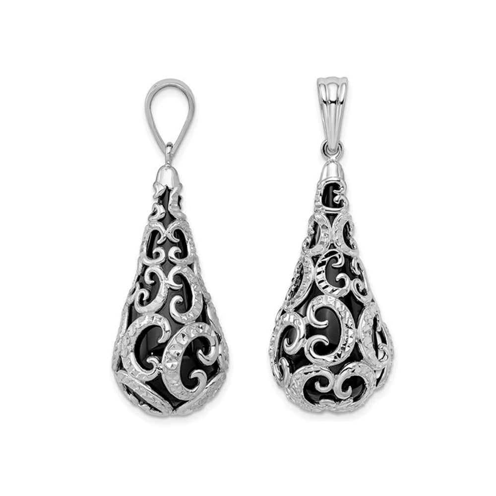 Filigree Sterling Silver Black Onyx Teardrop Dangle Pendant Necklace with Chain (18 Inches) Image 3