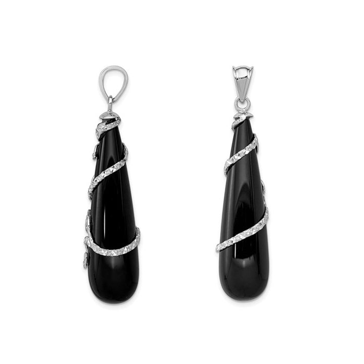 Floral Sterling Silver Black Onyx Teardrop Dangle Pendant Necklace with Chain (18 Inches) Image 3