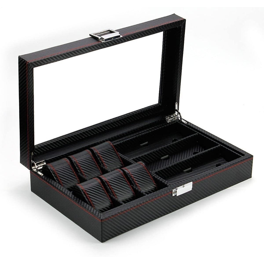 6 Black Leather Watch Box Jewelry Case and 3 Piece Eyeglasses Storage and Sunglass Glasses Display Case Organizer Image 1