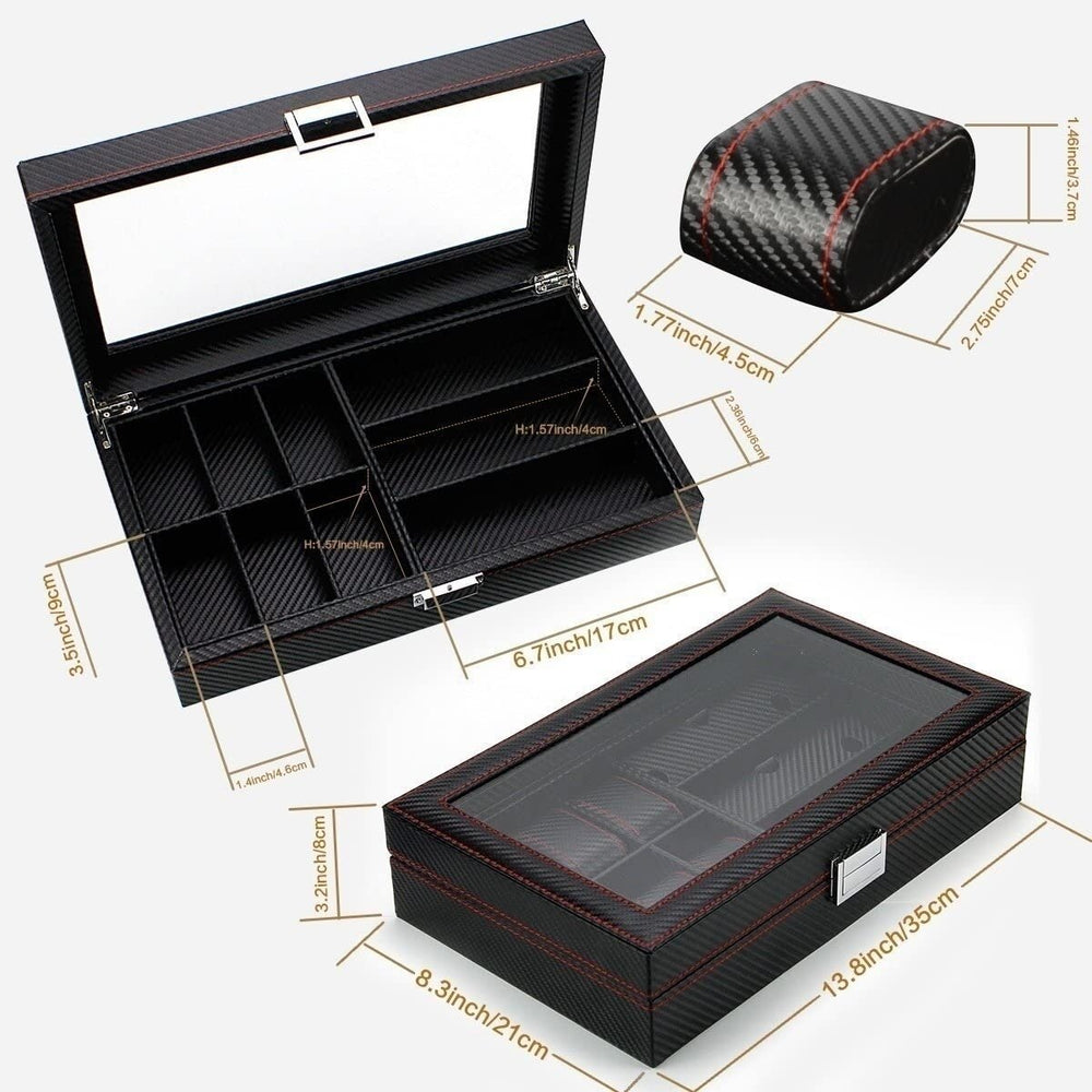 6 Black Leather Watch Box Jewelry Case and 3 Piece Eyeglasses Storage and Sunglass Glasses Display Case Organizer Image 2
