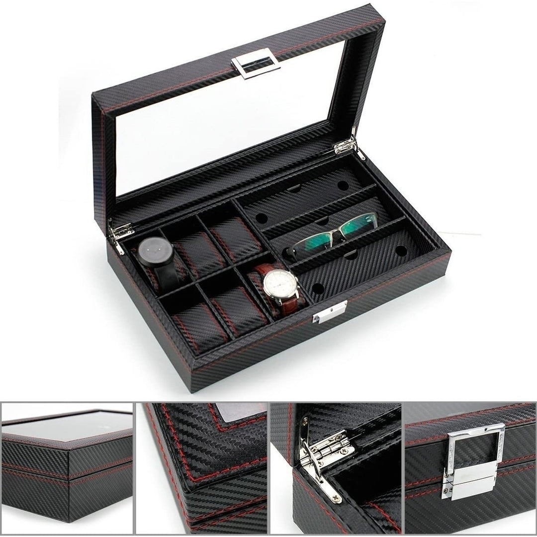 6 Black Leather Watch Box Jewelry Case and 3 Piece Eyeglasses Storage and Sunglass Glasses Display Case Organizer Image 6