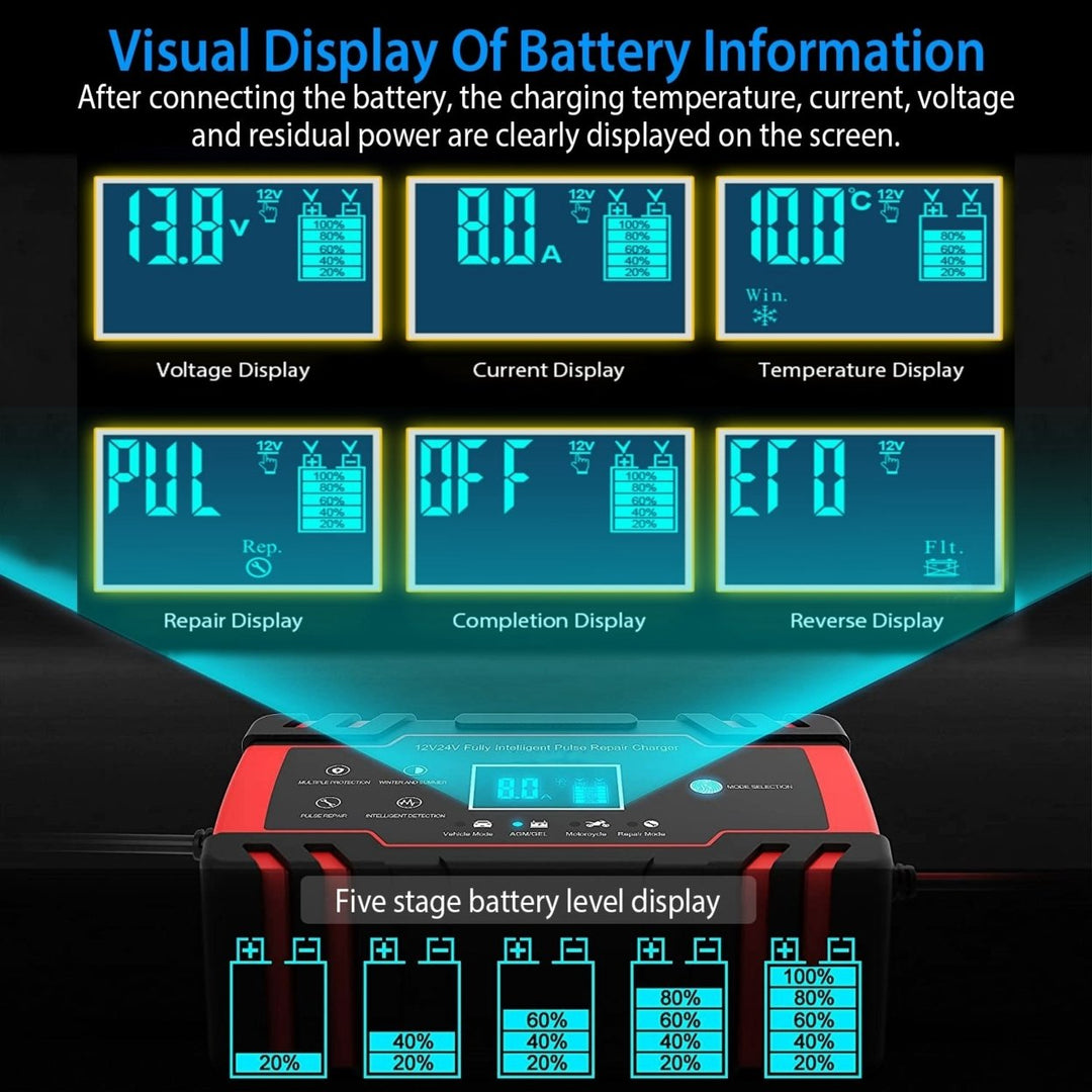 Smart Automatic Car Battery Charger 12V 8A 24V 4A LCD Display Pulse Repair Image 3