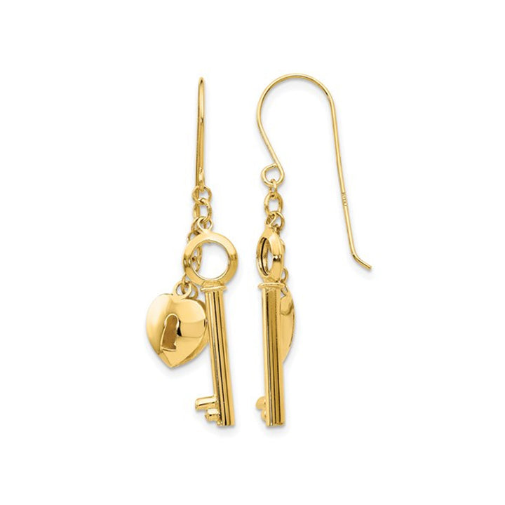 14K Yellow Gold Puff Heart Lock and Key Dangle Earrings Image 1