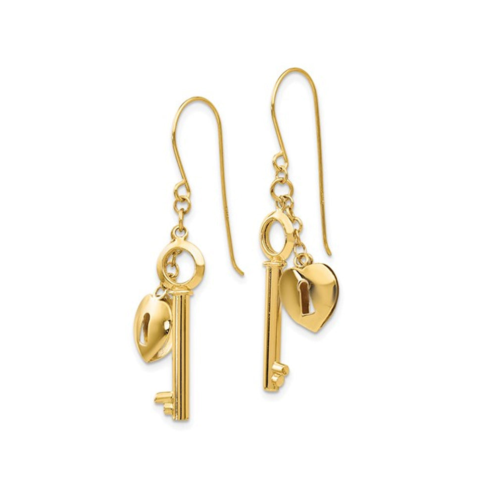 14K Yellow Gold Puff Heart Lock and Key Dangle Earrings Image 2