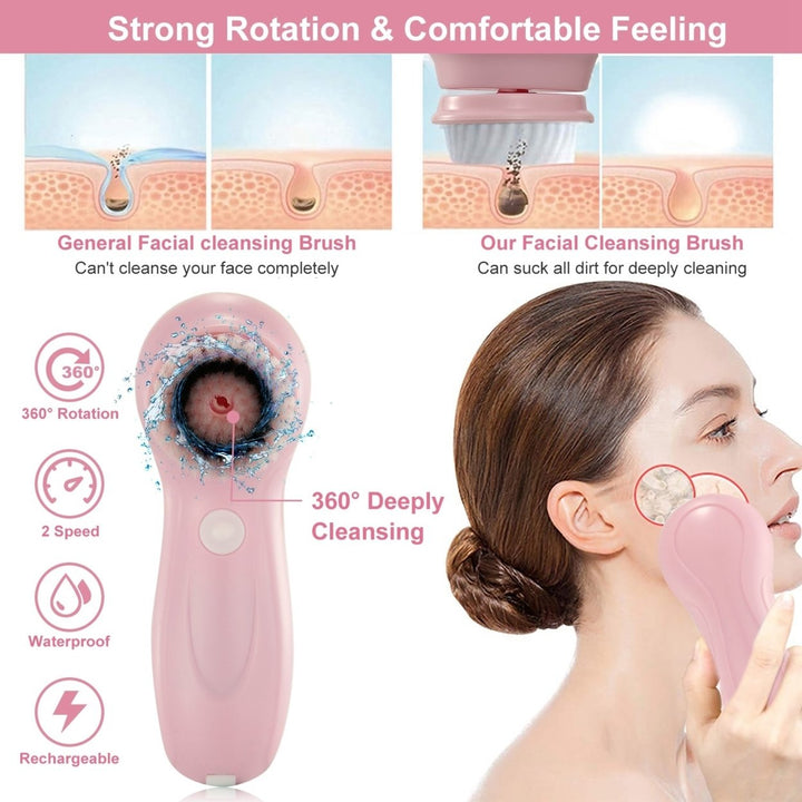 Facial Cleansing Brush IPX6 Waterproof 2 Speeds 3 Brush Heads Rechargeable Pink Blue Image 3