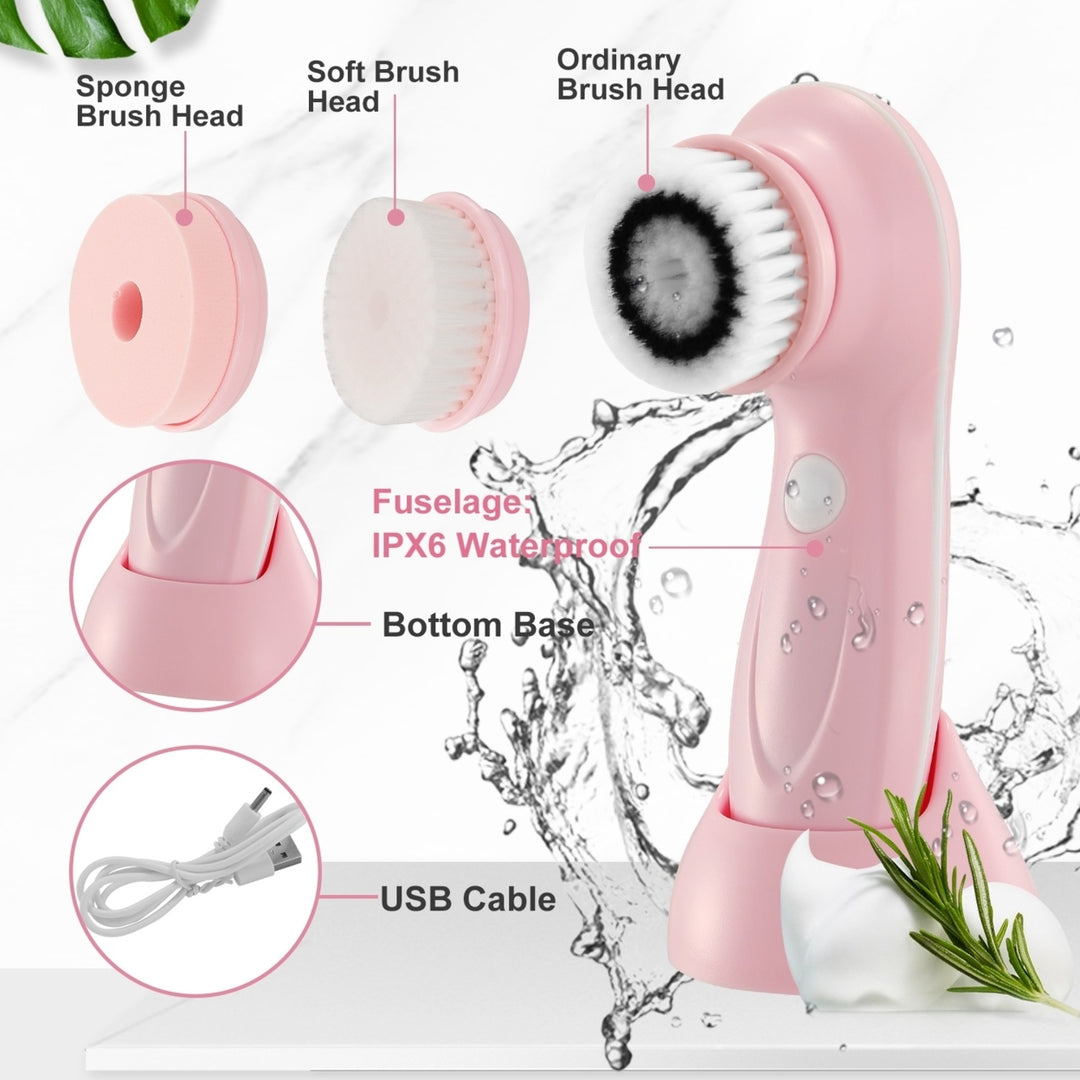 Facial Cleansing Brush IPX6 Waterproof 2 Speeds 3 Brush Heads Rechargeable Pink Blue Image 6