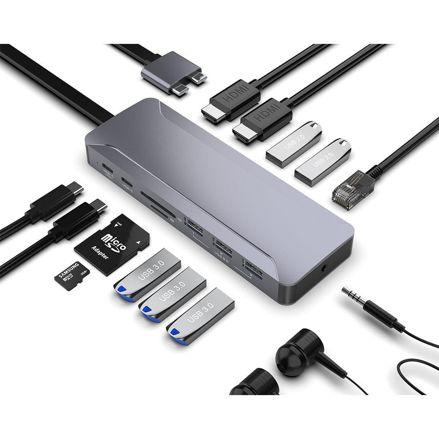15 Port USB Hub 3.0 Alumimum Dual Type-C Hub Adapter with 3.5mm Audio JackRJ45 Network Port Image 1