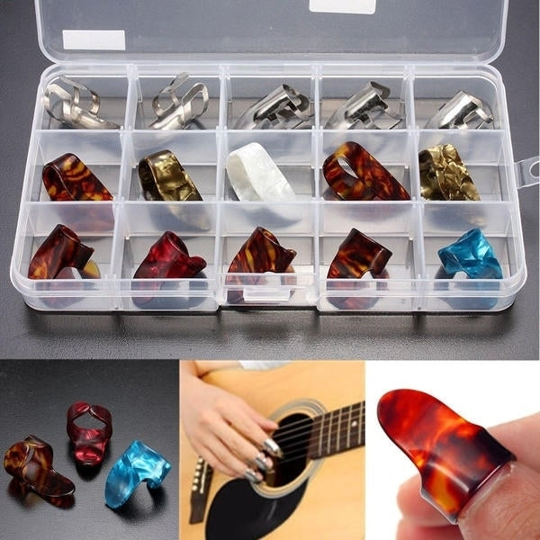 15pcs Multicolor Stainless Steel Celluloid Thumb Finger Guitar Picks With Case Image 2