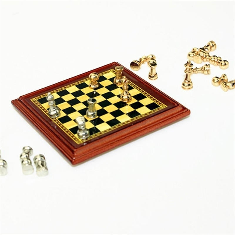 1:12 Scale Miniature Metal Chess Set Board Toys Home Room Ornaments Image 4
