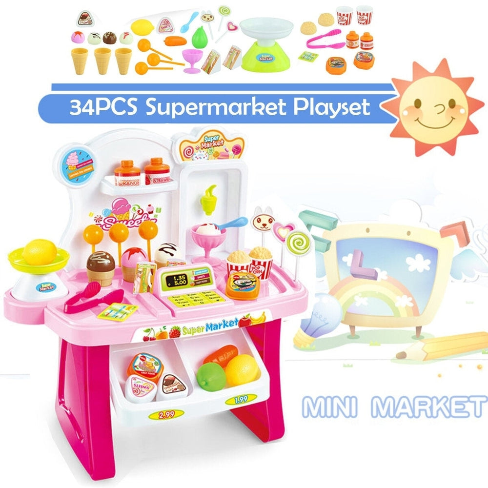 34Pcs DIY Assembly Simulation Mini Supermarket Play Funny Game Set Toys with Sound Light for Kids Perfect Gift Image 2