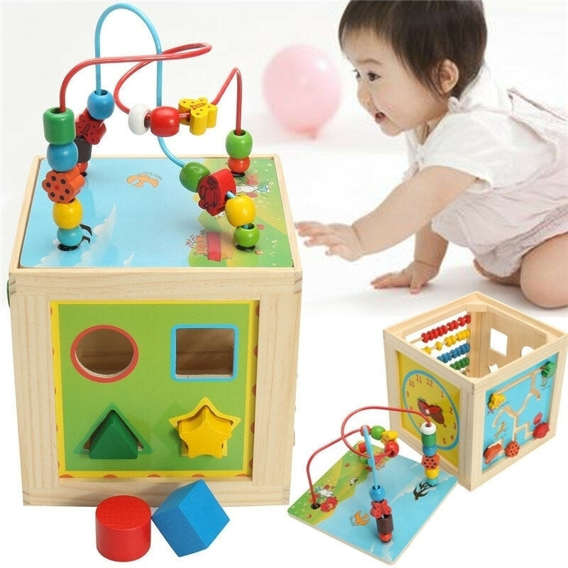 5 in 1 Kids Multi Function Colourful Wooden Activity Cube Toys Puzzle Bead Maze Image 1
