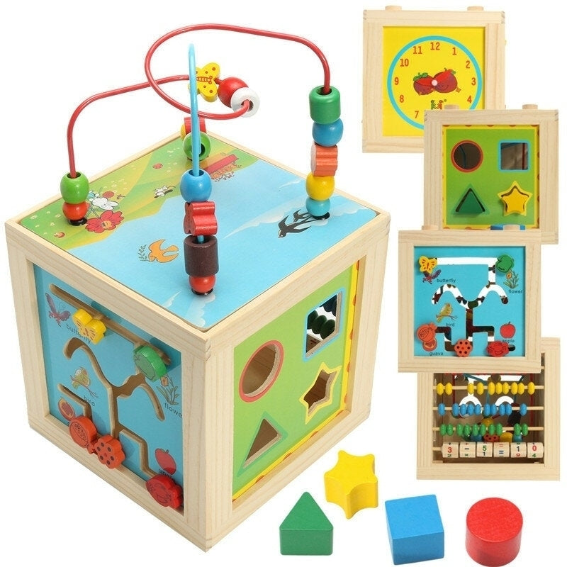 5 in 1 Kids Multi Function Colourful Wooden Activity Cube Toys Puzzle Bead Maze Image 4