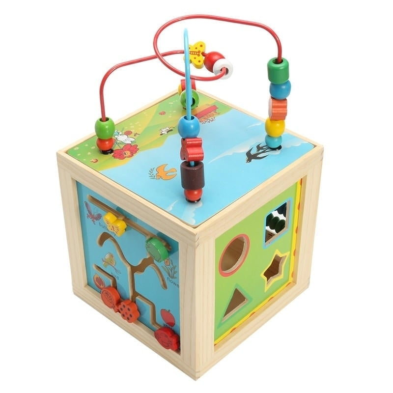 5 in 1 Kids Multi Function Colourful Wooden Activity Cube Toys Puzzle Bead Maze Image 7