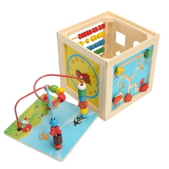 5 in 1 Kids Multi Function Colourful Wooden Activity Cube Toys Puzzle Bead Maze Image 11