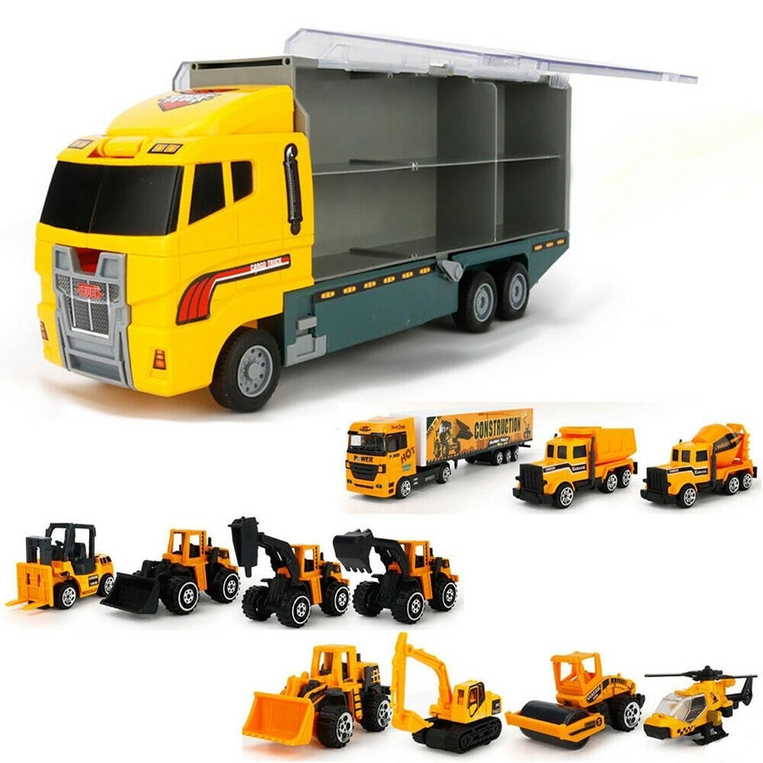 6,12 PCS 11 In 1 Diecast Model Construction Truck Vehicle Car Toy Set Play Vehicles in Carrier Image 1
