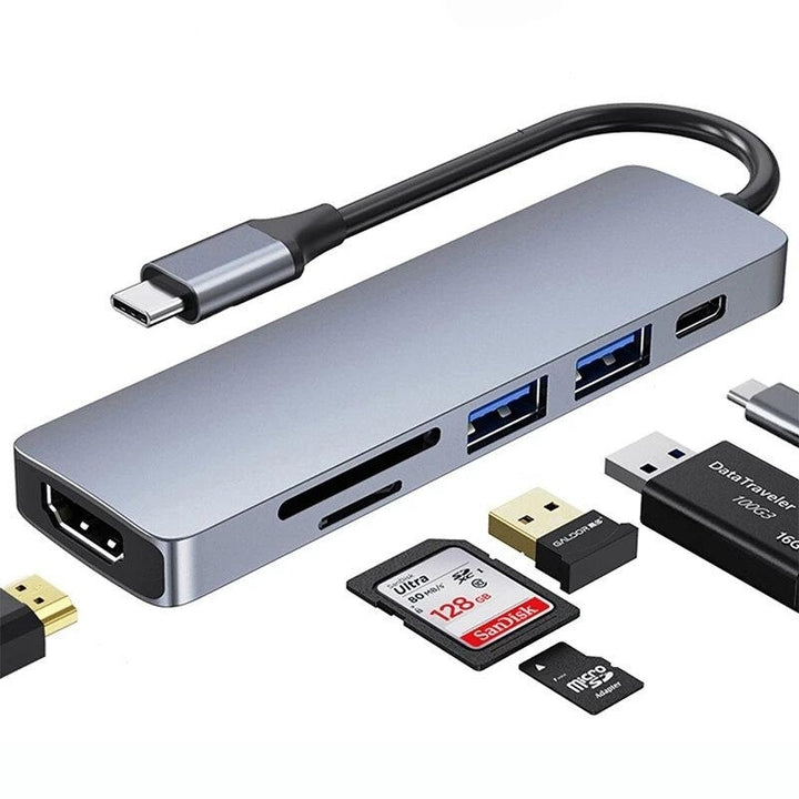 6 in 1 4K USB-C Hub Docking Station Adapter with 1HDMI 1USB 3.0 1USB 2.0 1TF 1SD Image 1