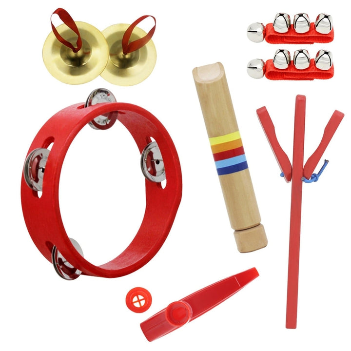 6 Piece Set Orff Musical Instruments Tambourine,Wooden Flute,Finger Cymbal,Wrist Bell,kazoo,Castanet Image 2