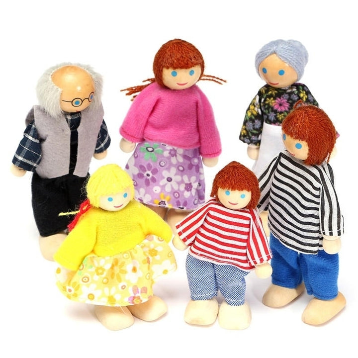 6PCS Wooden Family Members Dolls Set Kids Children Toy Figures Dressed Characters Image 1