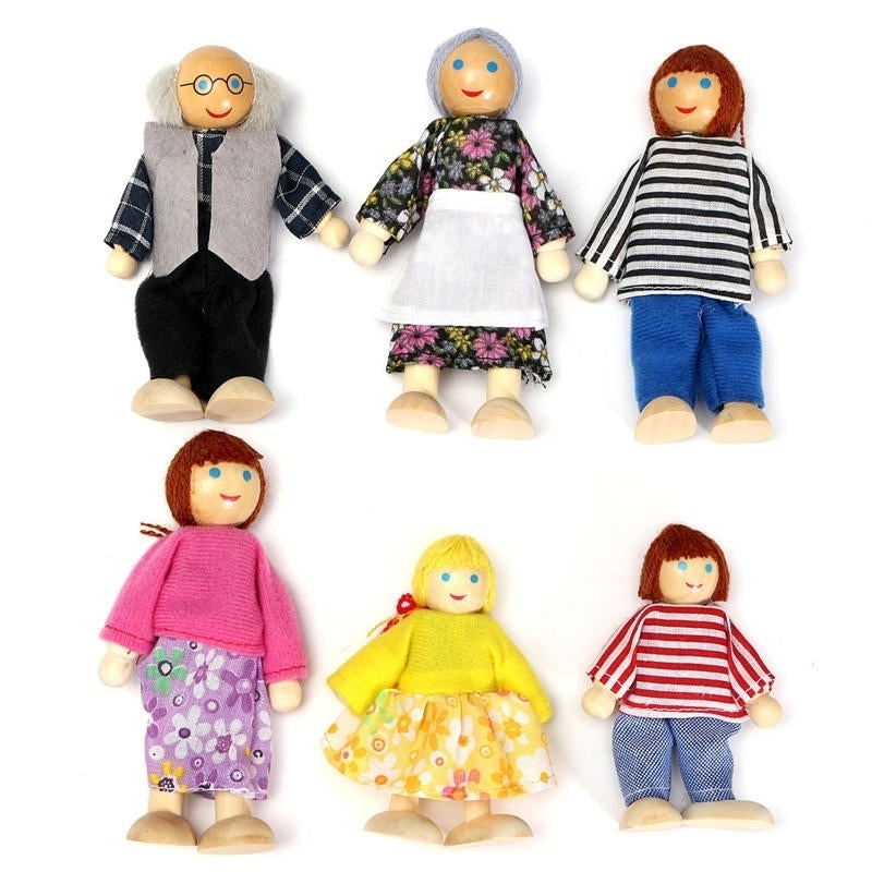 6PCS Wooden Family Members Dolls Set Kids Children Toy Figures Dressed Characters Image 6