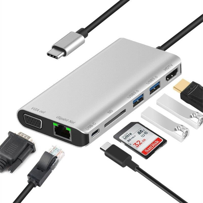 8 in 1 Type-C USB Hub Laptop charging Docking Station with Type-c SD USB3.02 HDMI VGA 3.5MM Headphone Image 1