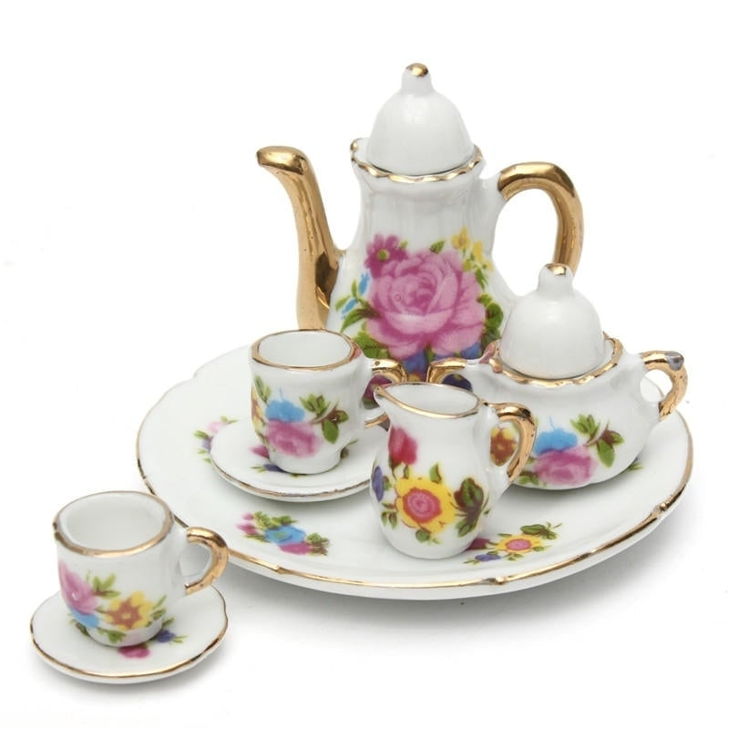 8pcs Porcelain Vintage Tea Sets Teapot Coffee Retro Floral Cups Doll House Decor Toy Image 1