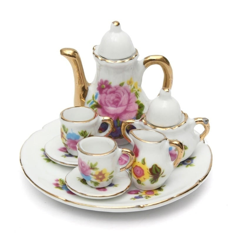 8pcs Porcelain Vintage Tea Sets Teapot Coffee Retro Floral Cups Doll House Decor Toy Image 2