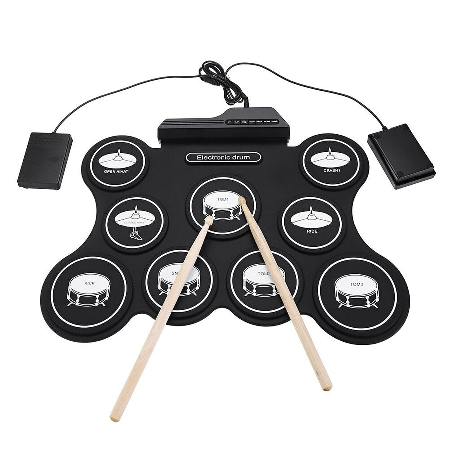 9 Pads Electronic Drum Portable Roll Up Drum Kit USB MIDI Drum with Drumsticks Foot Pedal for Beginners Image 1