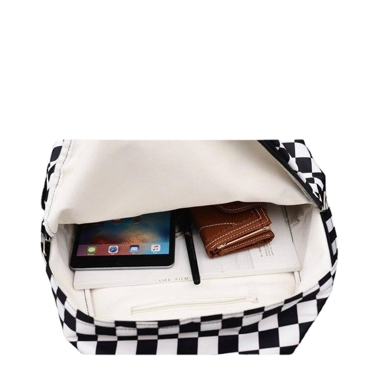 Black and White Plaid Backpack Casual Nylon Outdoor Travel College Style Student School Bag Image 1