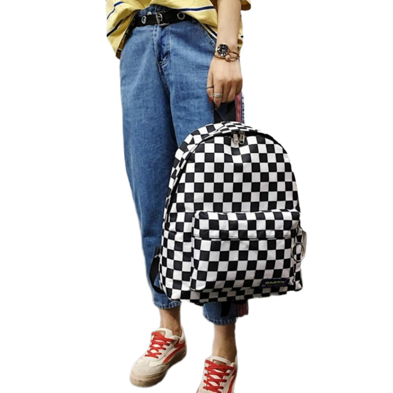 Black and White Plaid Backpack Casual Nylon Outdoor Travel College Style Student School Bag Image 3