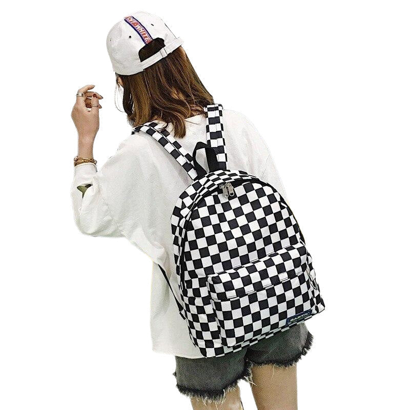Black and White Plaid Backpack Casual Nylon Outdoor Travel College Style Student School Bag Image 4