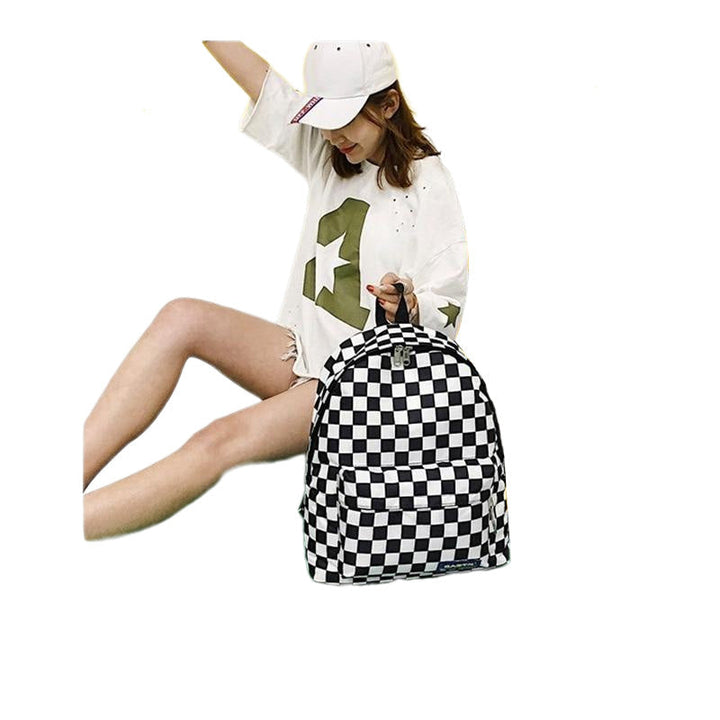 Black and White Plaid Backpack Casual Nylon Outdoor Travel College Style Student School Bag Image 4