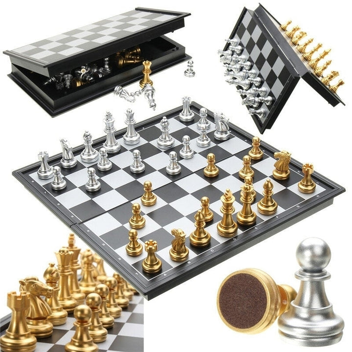 Chess Game Silver Gold Pieces Folding Magnetic Foldable Board Contemporary Set Image 1