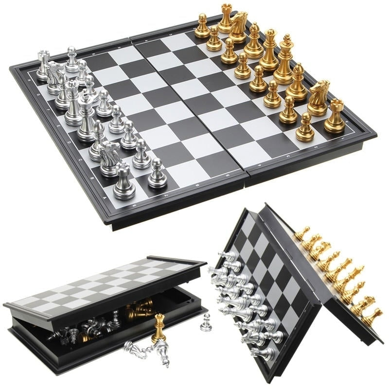 Chess Game Silver Gold Pieces Folding Magnetic Foldable Board Contemporary Set Image 2