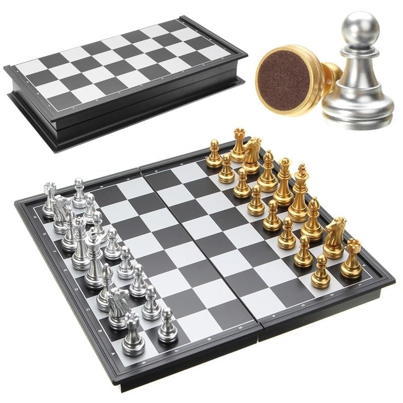 Chess Game Silver Gold Pieces Folding Magnetic Foldable Board Contemporary Set Image 3