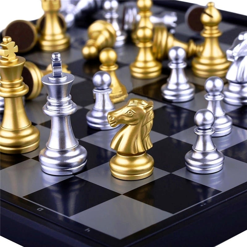 Chess Game Silver Gold Pieces Folding Magnetic Foldable Board Contemporary Set Image 9