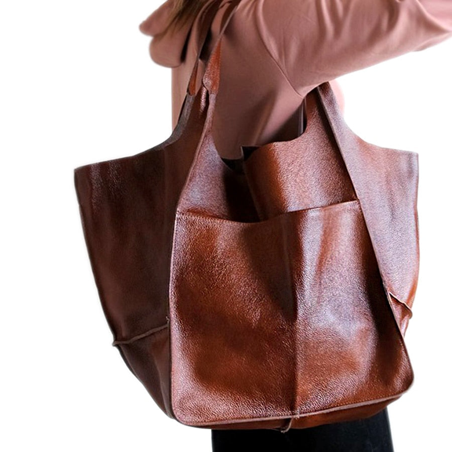 Casual Soft Large Capacity Tote Women Handbags Designer Aged Metal Look Luxury Pu Leather Shoulder Bag Retro Big Shopper Image 1