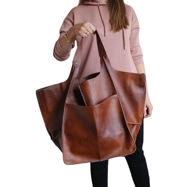 Casual Soft Large Capacity Tote Women Handbags Designer Aged Metal Look Luxury Pu Leather Shoulder Bag Retro Big Shopper Image 2