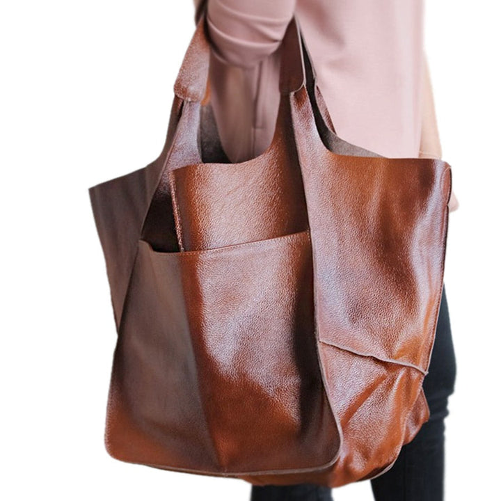 Casual Soft Large Capacity Tote Women Handbags Designer Aged Metal Look Luxury Pu Leather Shoulder Bag Retro Big Shopper Image 3