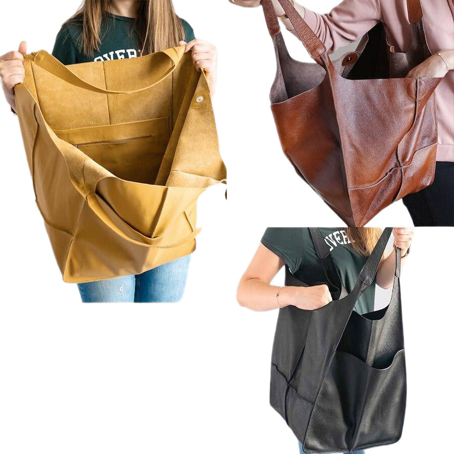 Casual Soft Large Capacity Tote Women Handbags Designer Aged Metal Look Luxury Pu Leather Shoulder Bag Retro Big Shopper Image 4