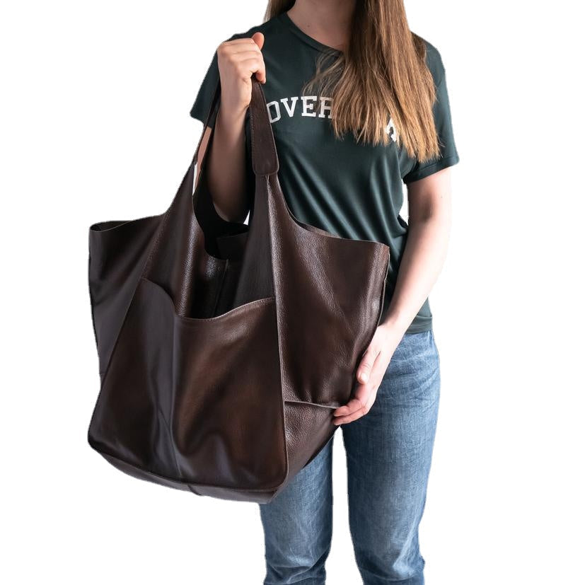 Casual Soft Large Capacity Tote Women Handbags Designer Aged Metal Look Luxury Pu Leather Shoulder Bag Retro Big Shopper Image 8
