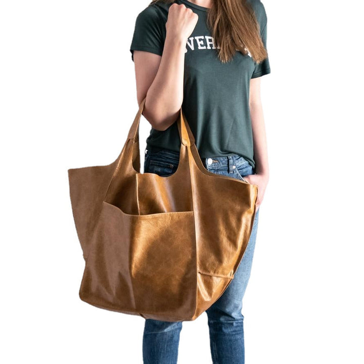 Casual Soft Large Capacity Tote Women Handbags Designer Aged Metal Look Luxury Pu Leather Shoulder Bag Retro Big Shopper Image 9
