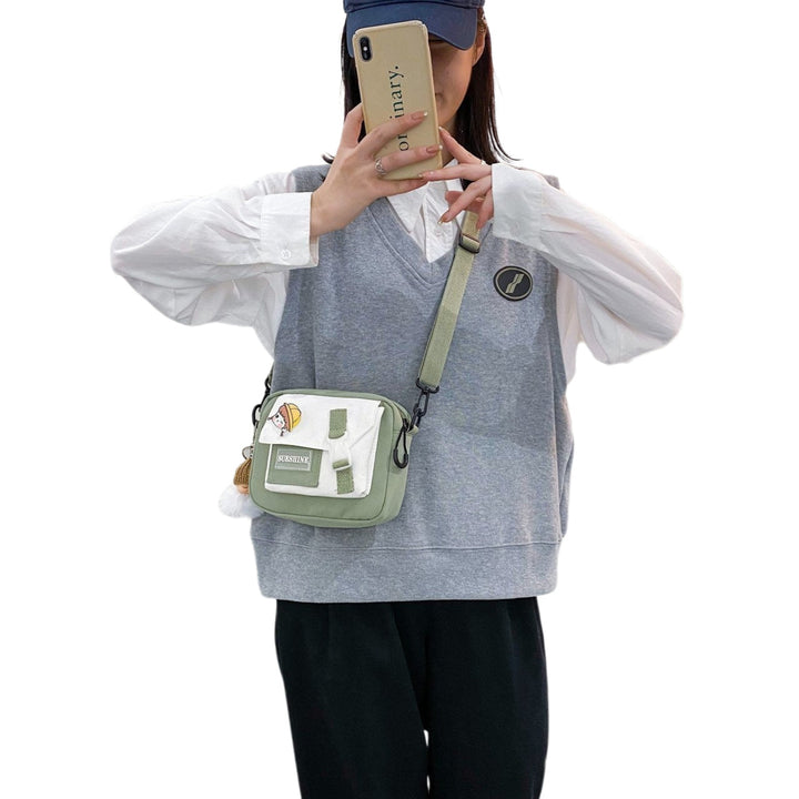 Cute faux Ball Pendant Ladies Handbags Small Canvas Shoulder Bags for Girls Zipper Crossbody Shopping Purse Image 4