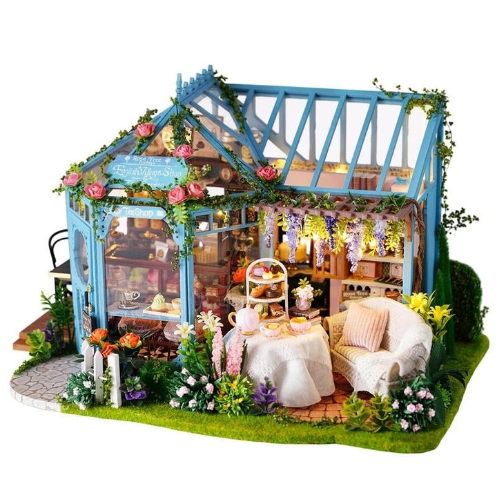 DIY Cabin Rose Garden Tea House Handmade Doll House Model With Dust Cover Music Motor Image 1