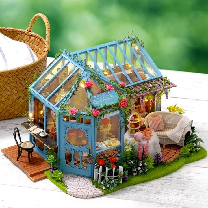 DIY Cabin Rose Garden Tea House Handmade Doll House Model With Dust Cover Music Motor Image 3