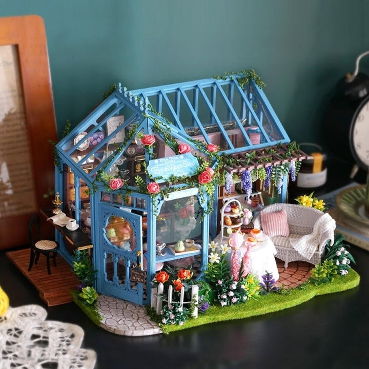 DIY Cabin Rose Garden Tea House Handmade Doll House Model With Dust Cover Music Motor Image 4